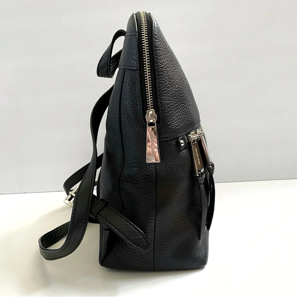 SILVER HARDWARE MICHAEL KORS BLACK RHEA SLIM PEBBLED LEATHER BACKPACK PURSE - Picture 3 of 9
